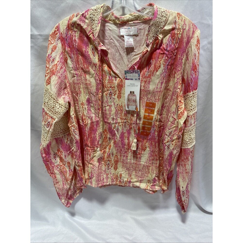 Stella Parker Bohemian Long Sleeve Top Crochet coastal M boho Pink Cream New